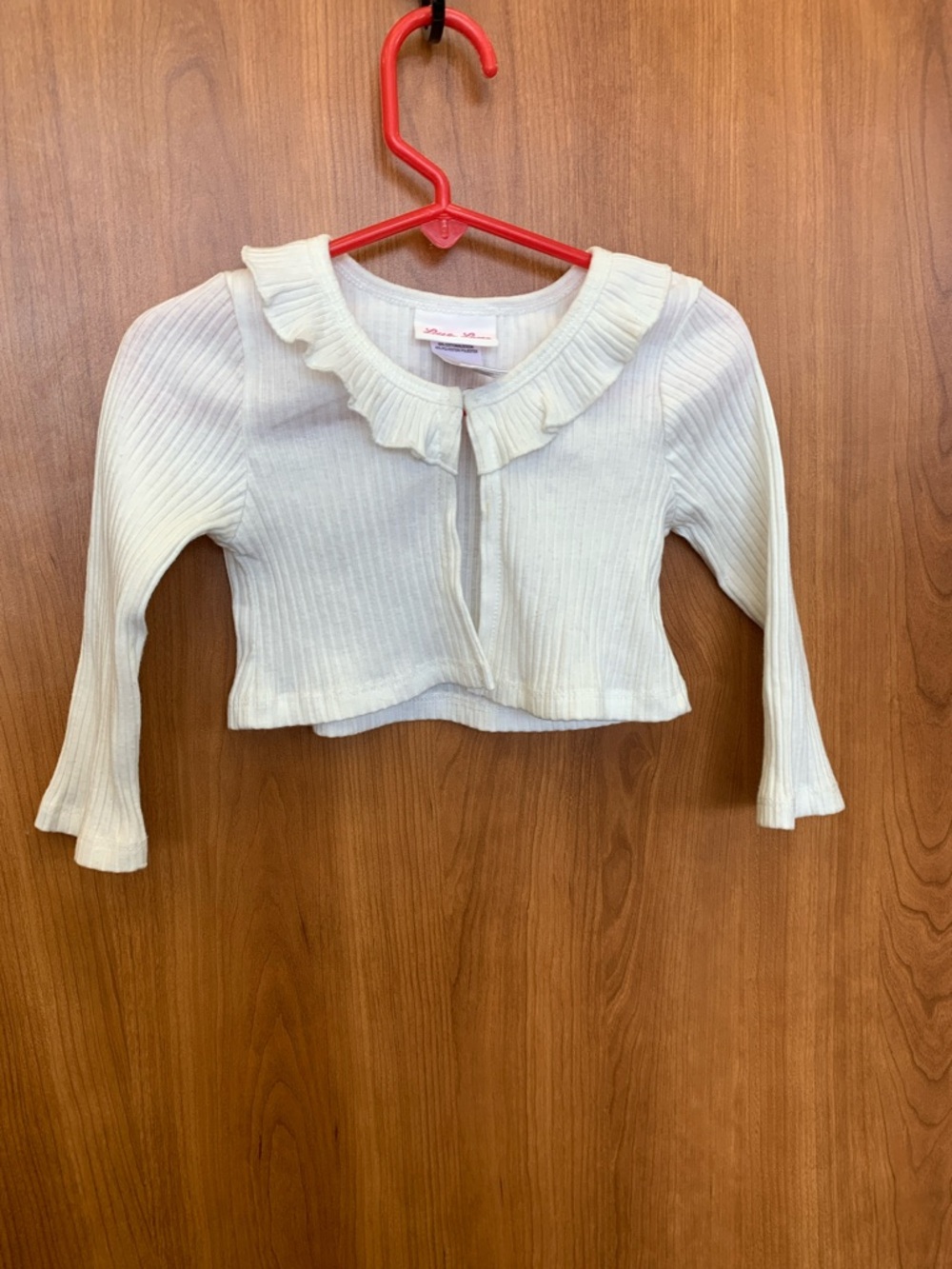 Little Lass Cream Ruffled Collar Ribbed Cropped Cardigan